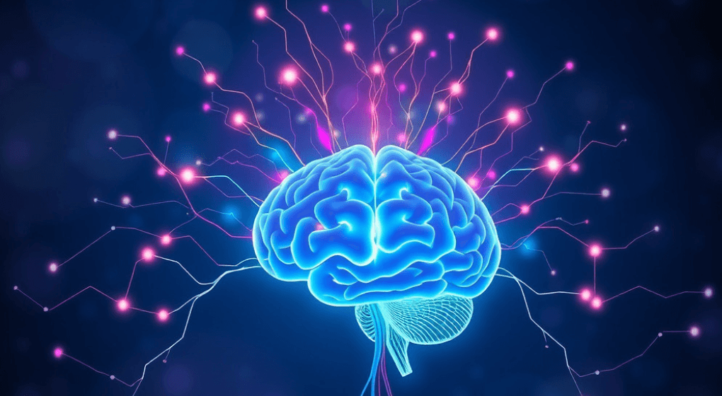 A picture of a blue brain with pink lines and dots extending outward with a black background