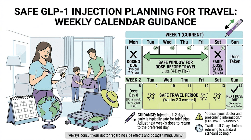 GLP-1 injection schedule adjustment for travel showing safe early dosing options