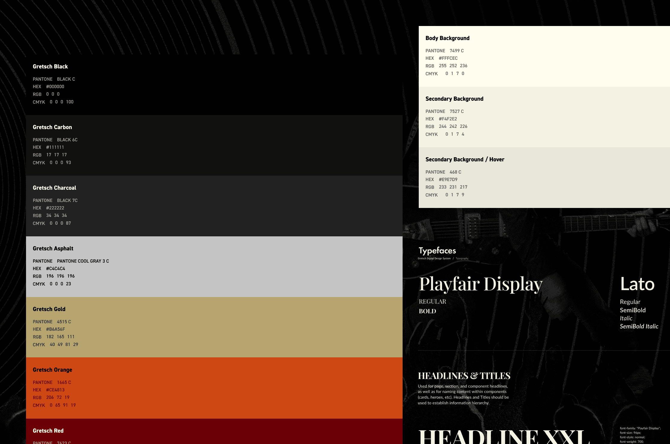Gretsch design system reference showing brand color palette and typography specs for Playfair Display and Lato.