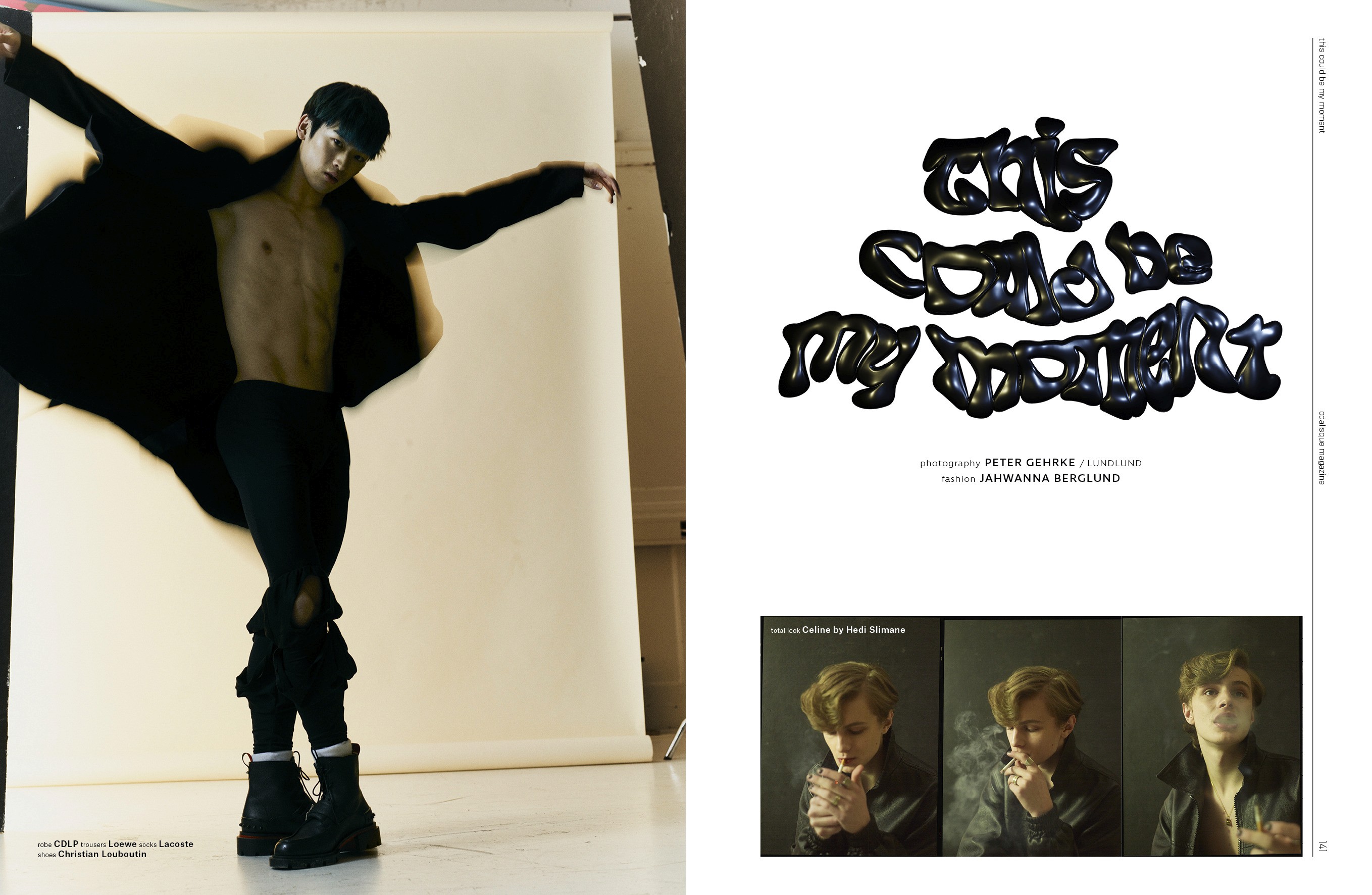 A moving fashion figure opposite a black sculptural headline and two smaller portraits.