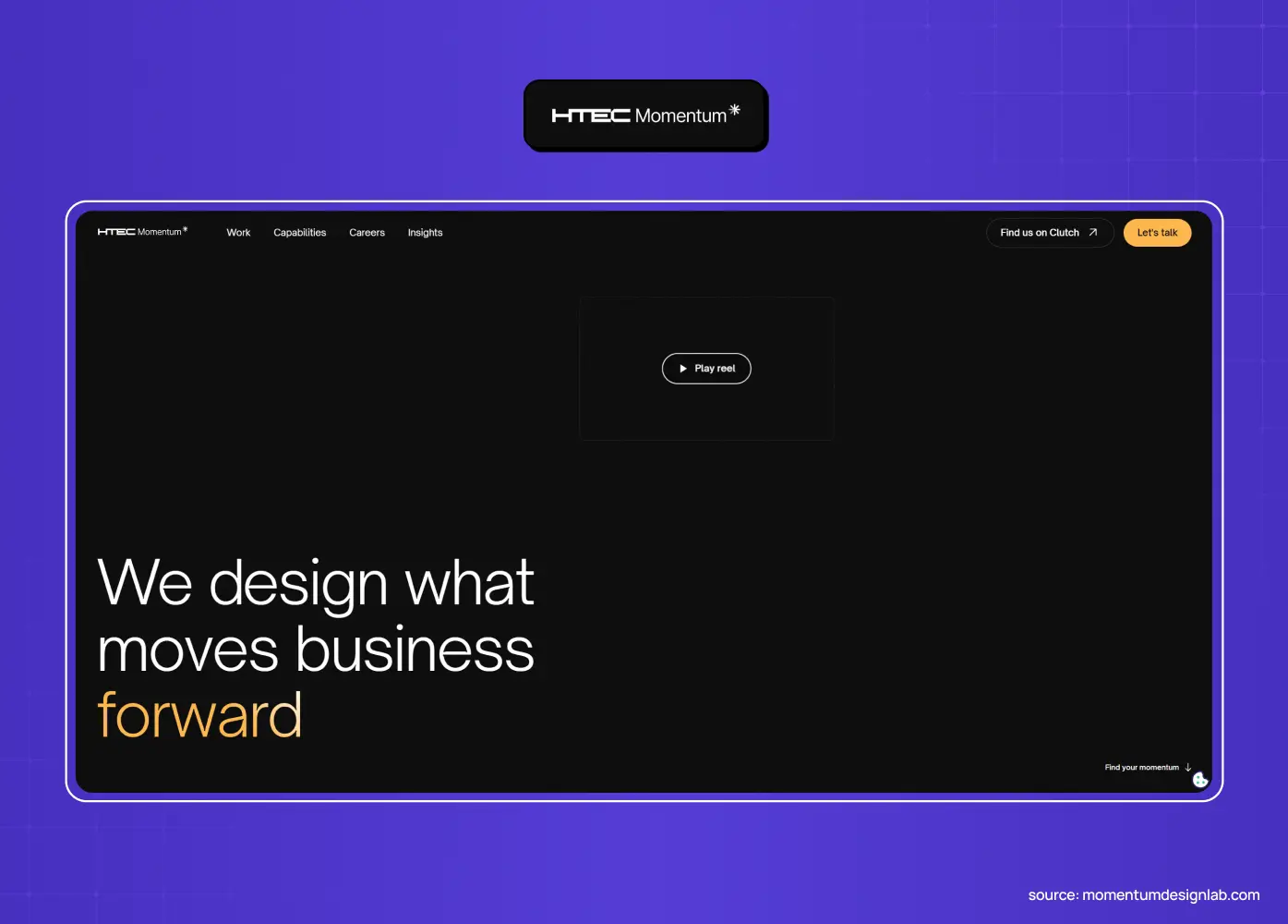 HTEC Momentum website featuring a dark minimalist layout and the headline “We design what moves business forward.” 