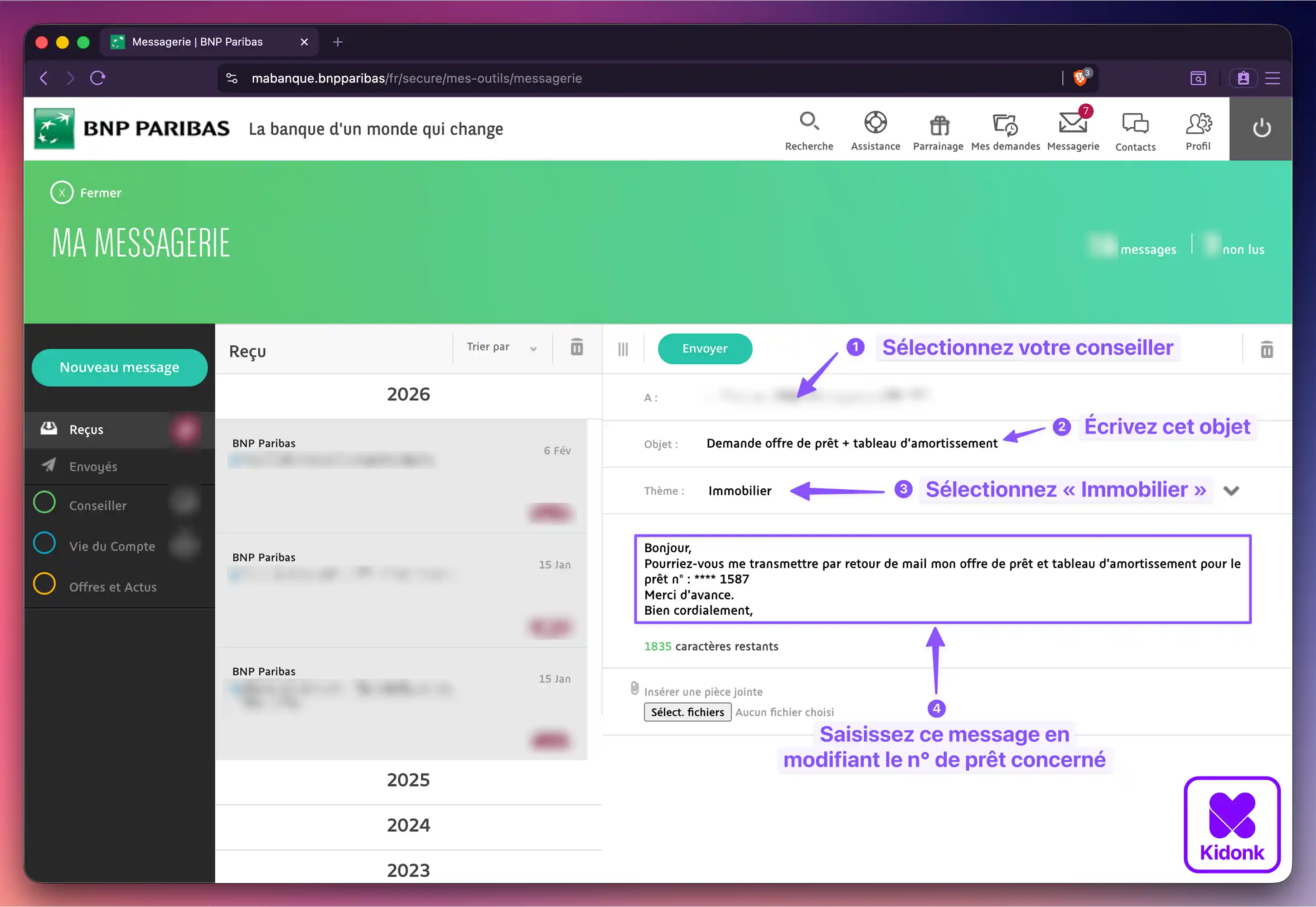 Navigateur web affichant un message pour récupérer son offre de prêt et tableau d'amortissement depuis l'espace client BNP Paribas