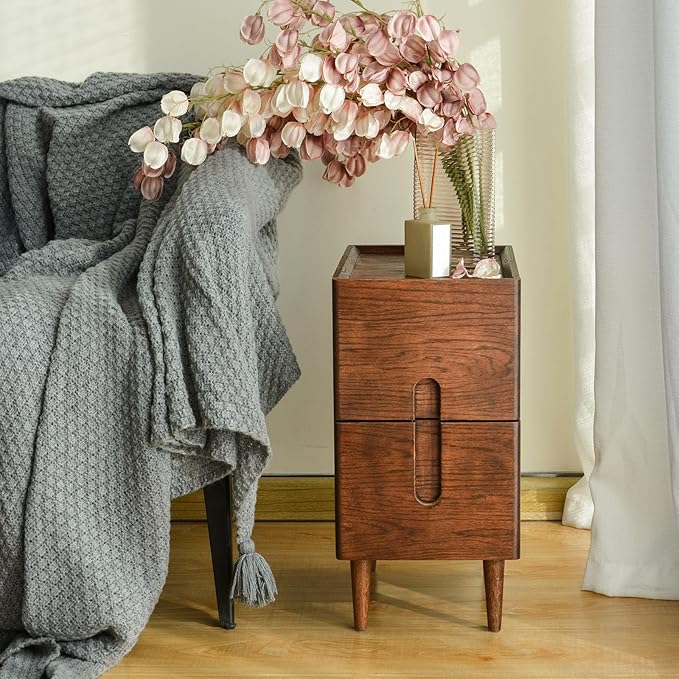 Narrow walnut nightstand – A stylish and functional furniture piece, perfect for any modern home.