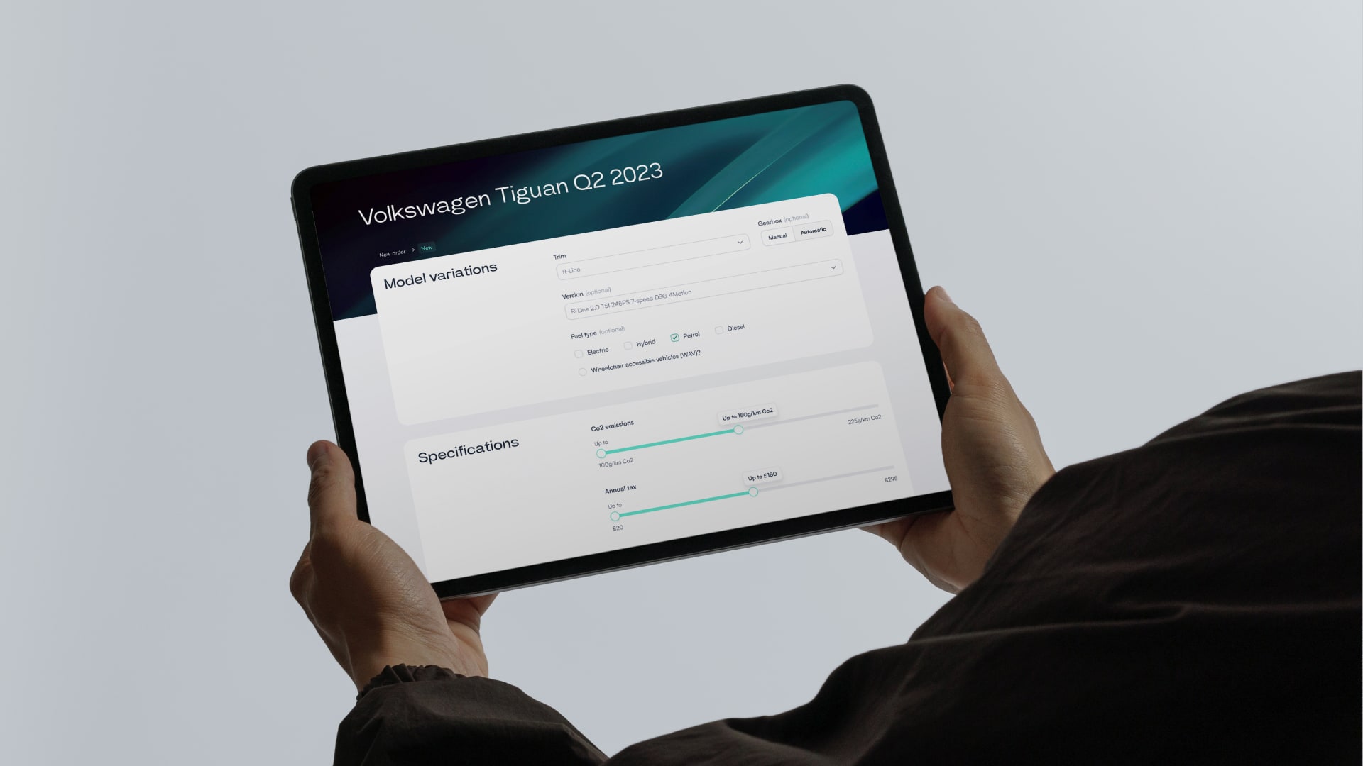 Orca platform on tablet displaying Volkswagen Tiguan model configuration and specifications