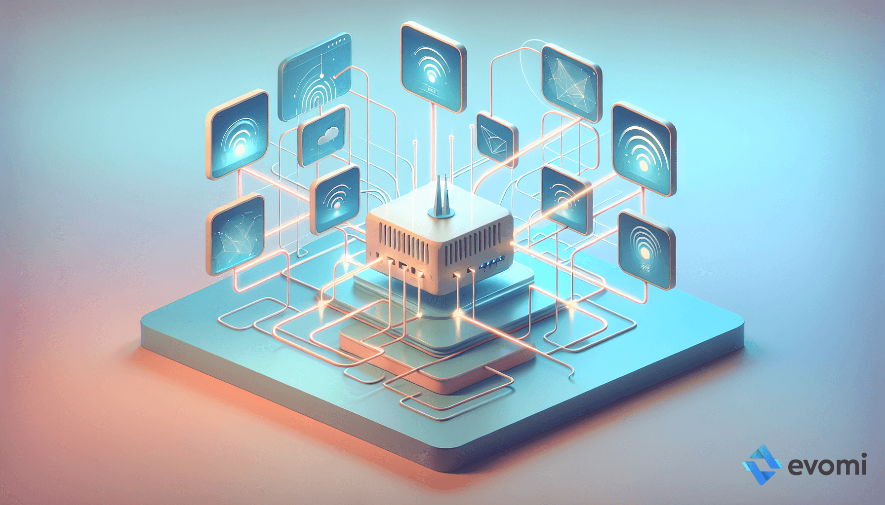  digital illustration of a futuristic data processing unit with interconnected floating screens displaying various digital icons.