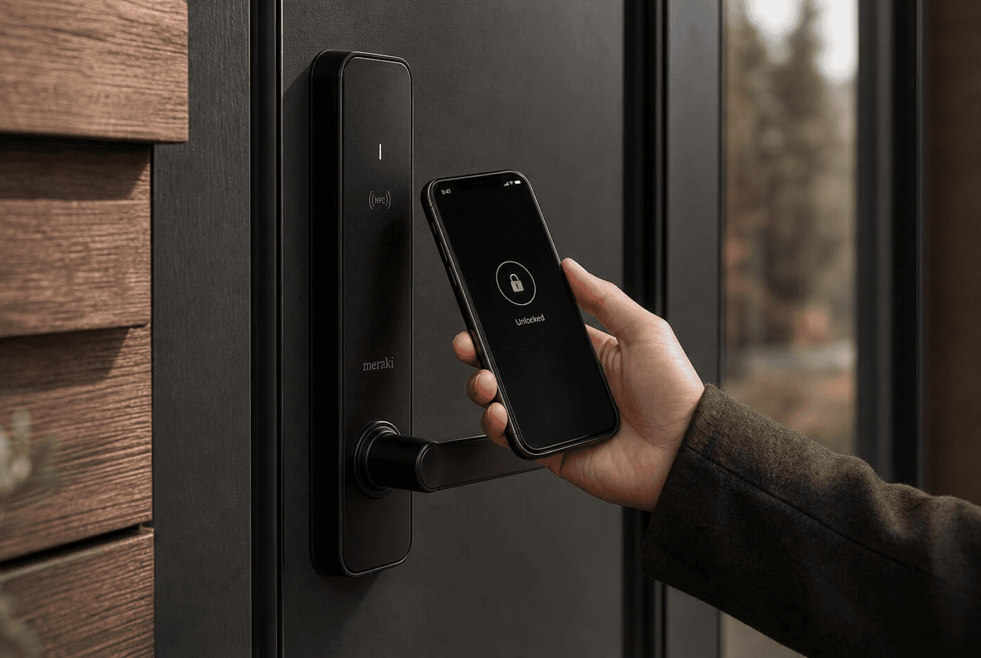 Guest holding a phone beside the electronic door lock