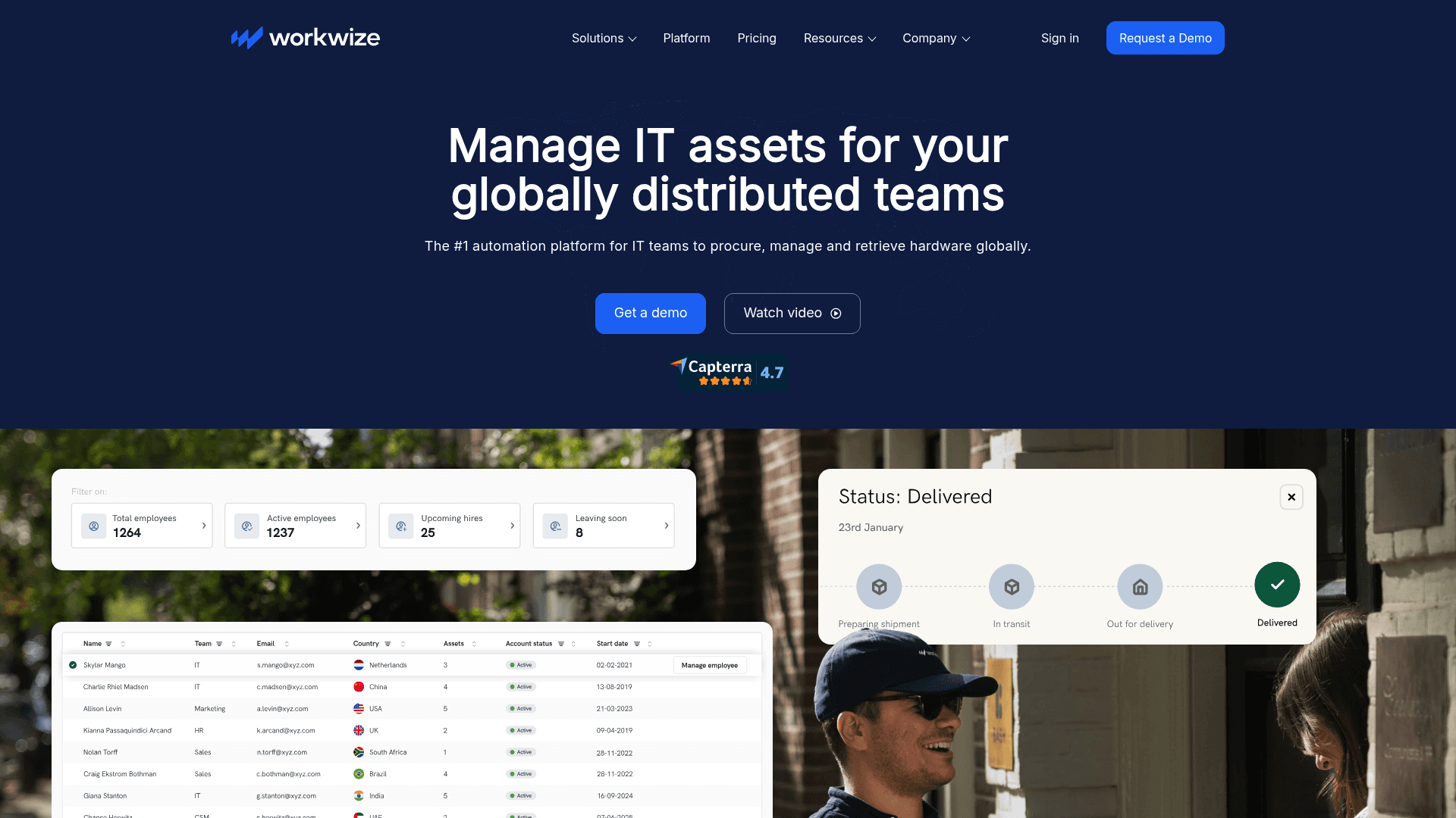A screenshot of the Workwize homepage, a BlueTally alternative focused on physical logistics for remote companies.
