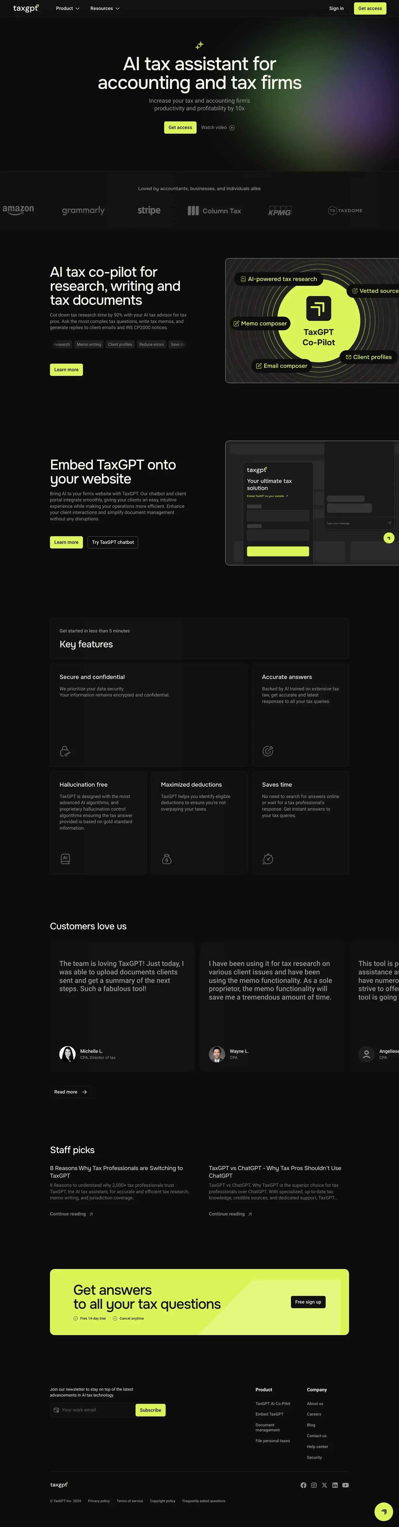 Your AI Tax Assistant landing page screenshot showcasing Tech and Finance design