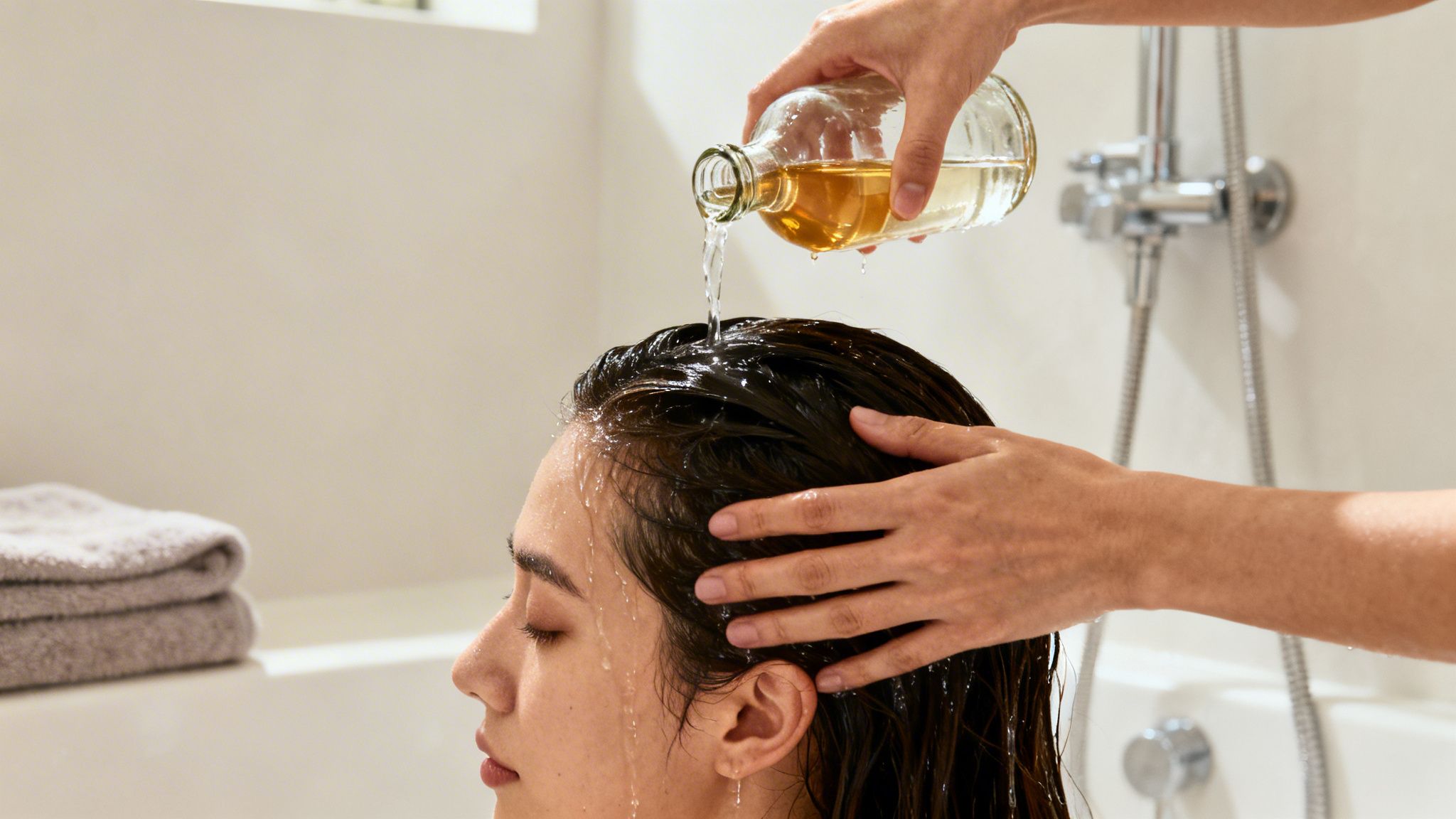Liquid poured from a bottle onto wet hair, massaged by hands during a hair treatment.