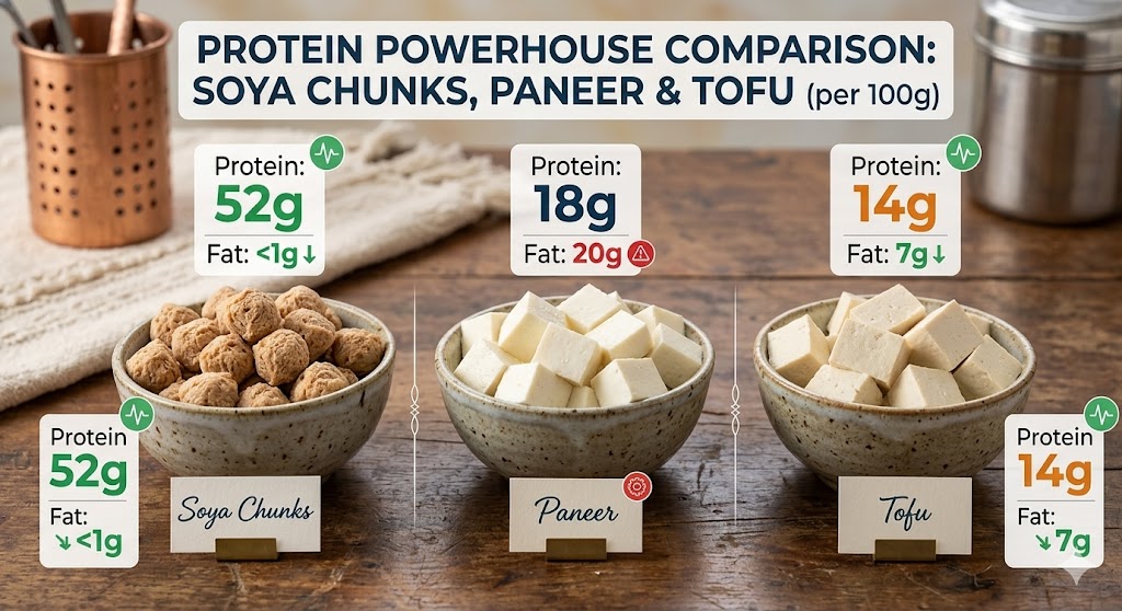 A side-by-side nutritional comparison of three high-protein foods: Soya Chunks (52g Protein, <1g Fat), Paneer (18g Protein, 20g Fat), and Tofu (14g Protein, 7g Fat) per 100g serving, presented in rustic bowls on a wooden table.
