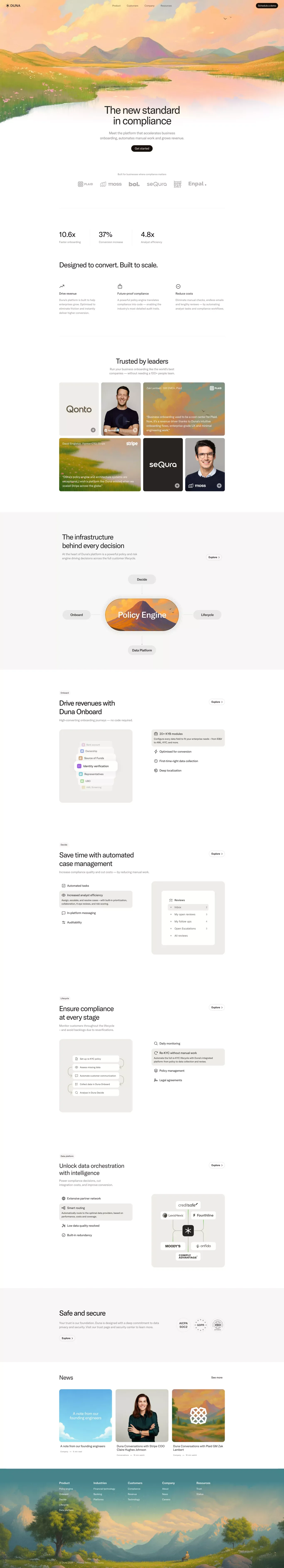 Duna - The new standard in compliance landing page screenshot showcasing Tech design