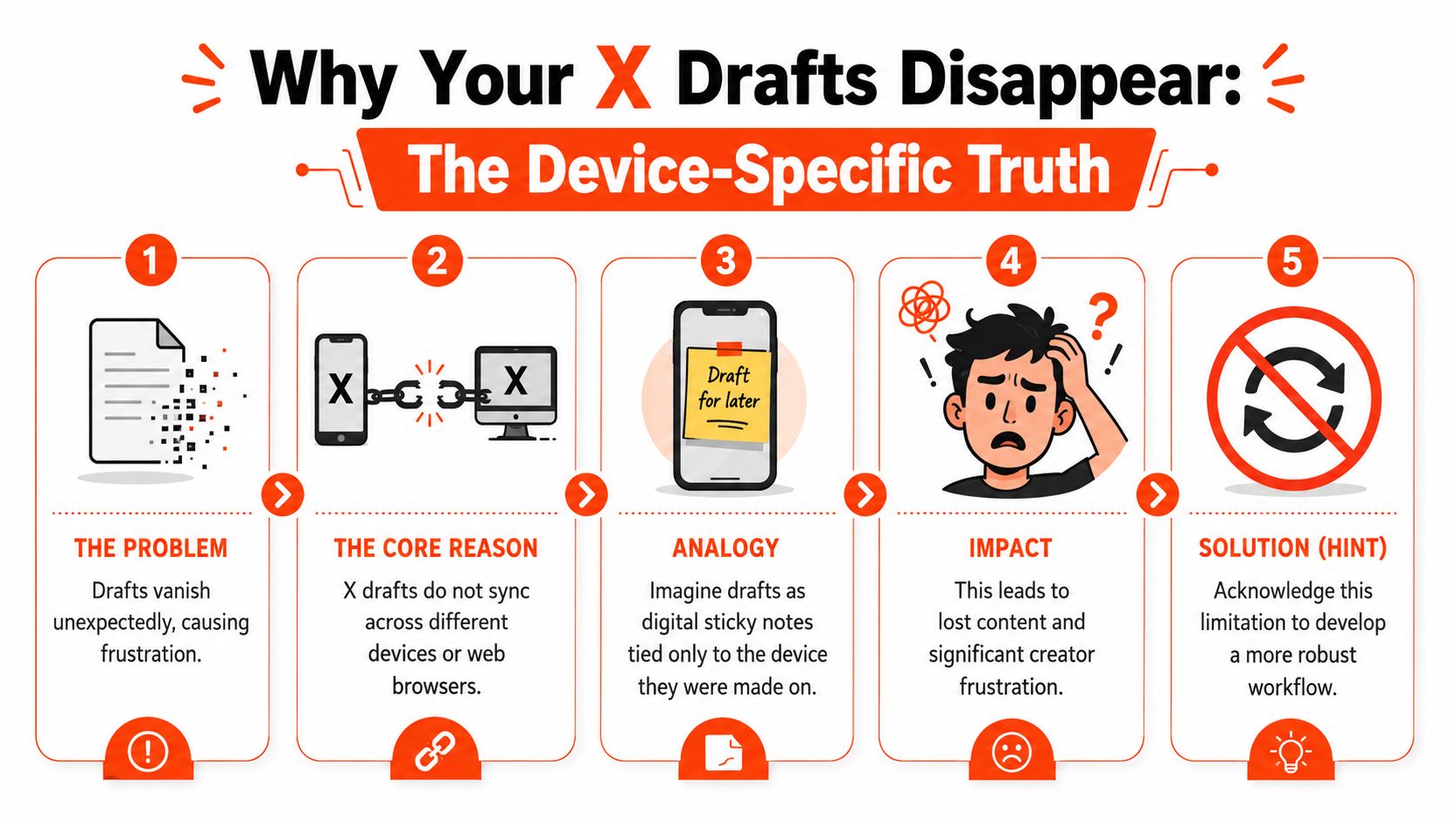 A five-step infographic explaining that X drafts do not sync across different devices or web browsers.