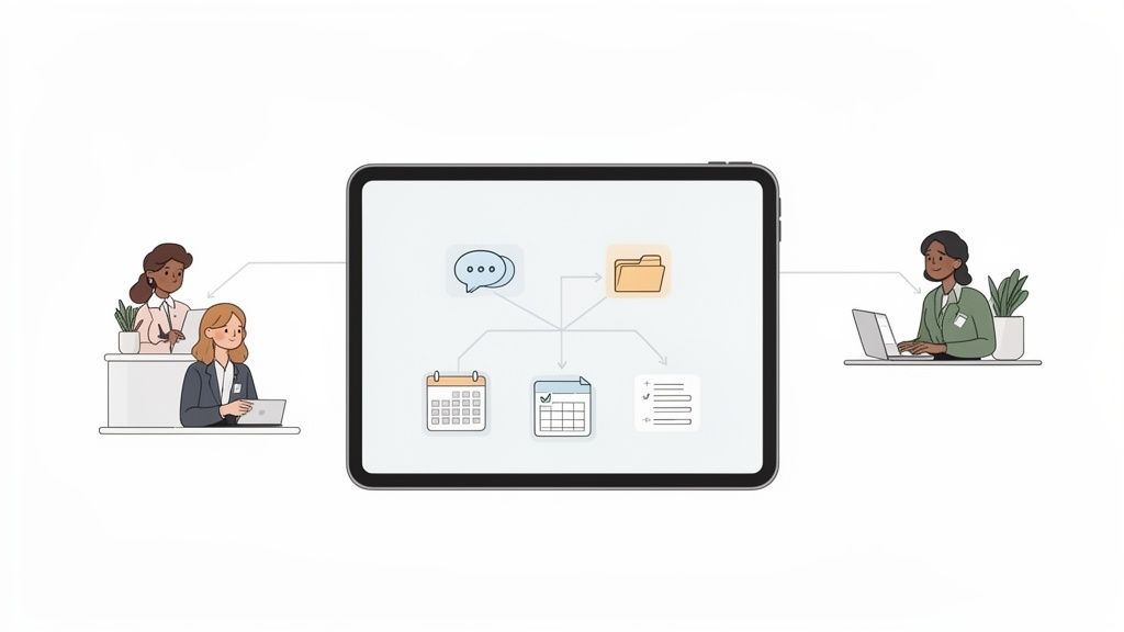 Business professionals use laptops to interact with a central tablet displaying integrated communication, file, and calendar management tools.