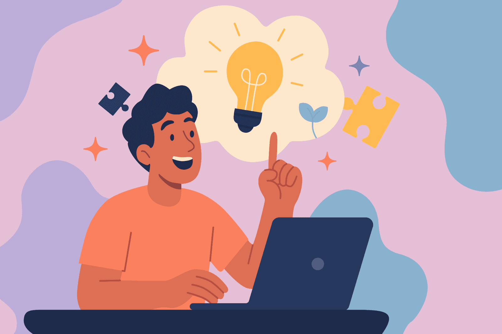 Marketer at laptop having an idea for a creator marketing strategy with lightbulb and puzzle icons