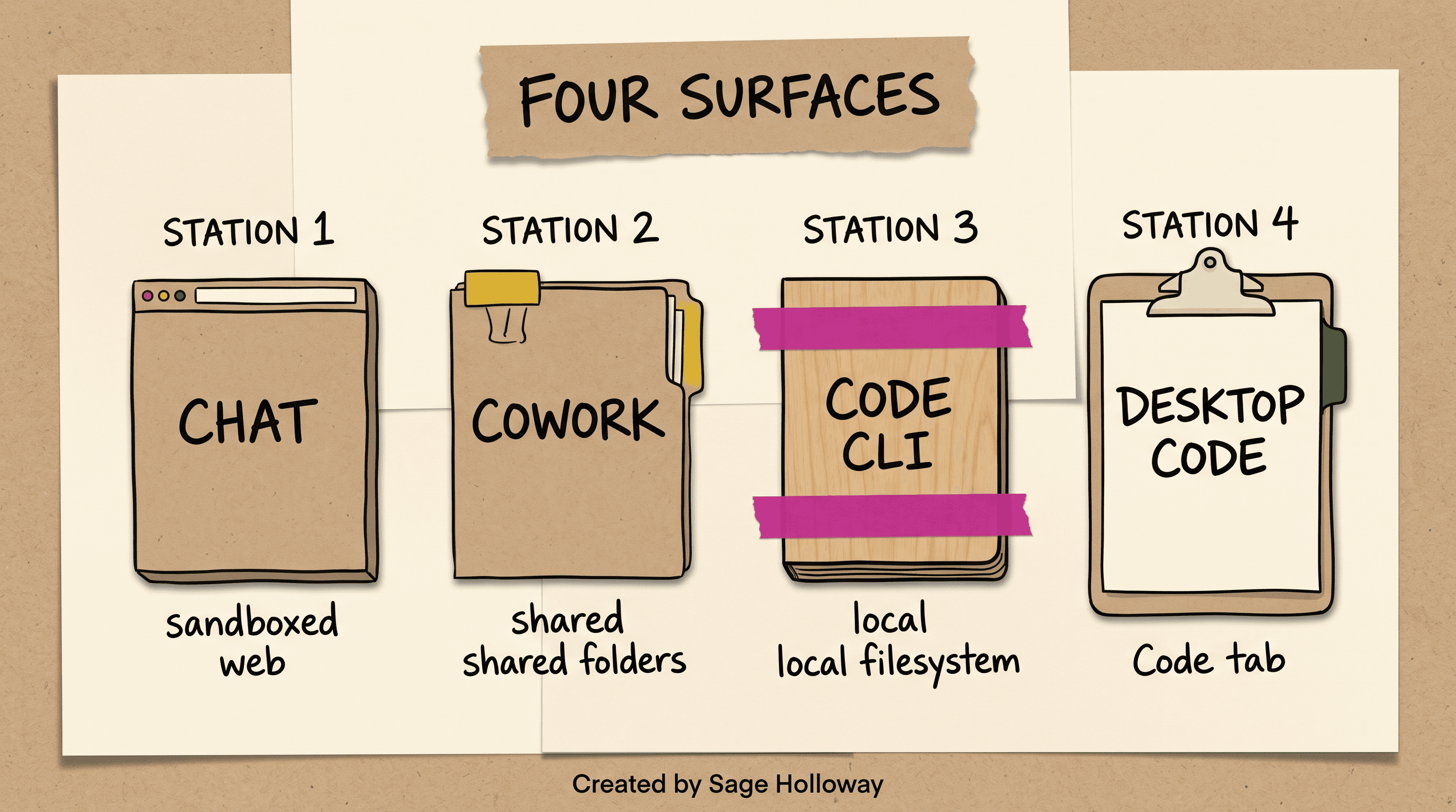 Diagram of Claude Chat, Cowork, Code CLI, and Desktop Code tab as four marketing surfaces