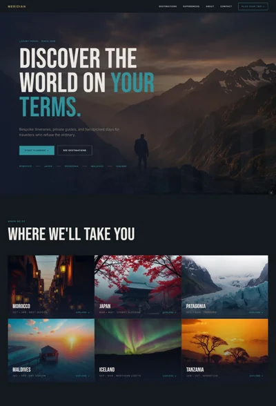 Travel agency website prompt — deep slate and electric teal luxury bespoke travel agency cinematic website design preview
