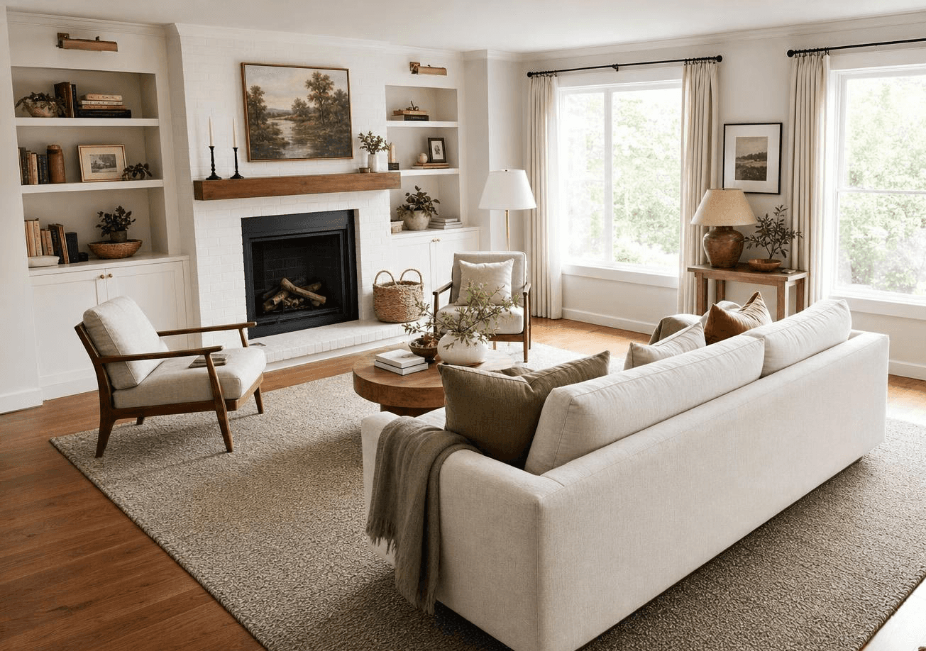 Bright modern farmhouse living room with a white sofa, fireplace, built-in shelves, large windows, wood floors, and neutral cozy decor with natural styling.