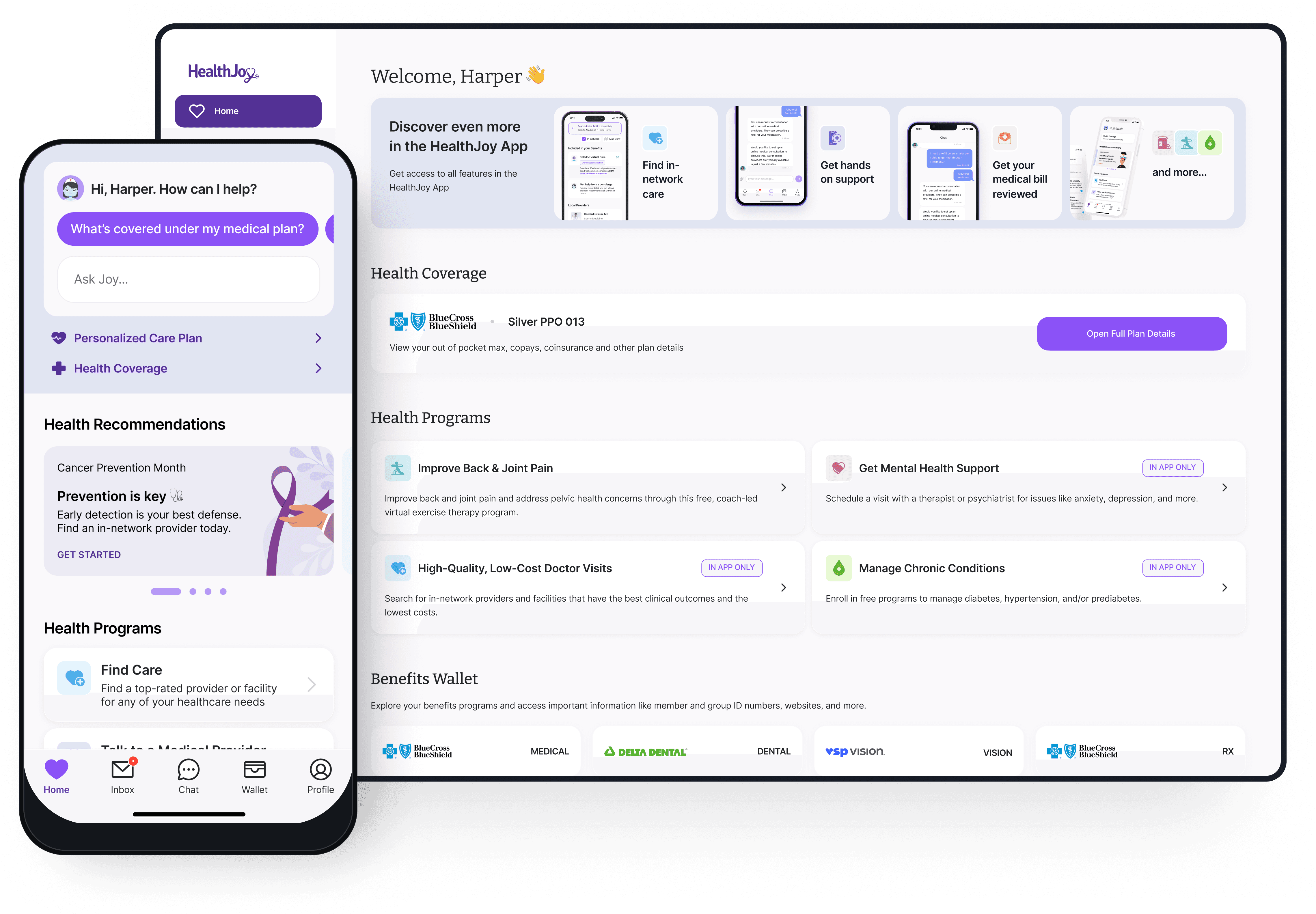 HealthJoy member experience on mobile and desktop — the Joy AI app home screen alongside the web portal showing personalized health coverage, health programs, and the Benefits Wallet.