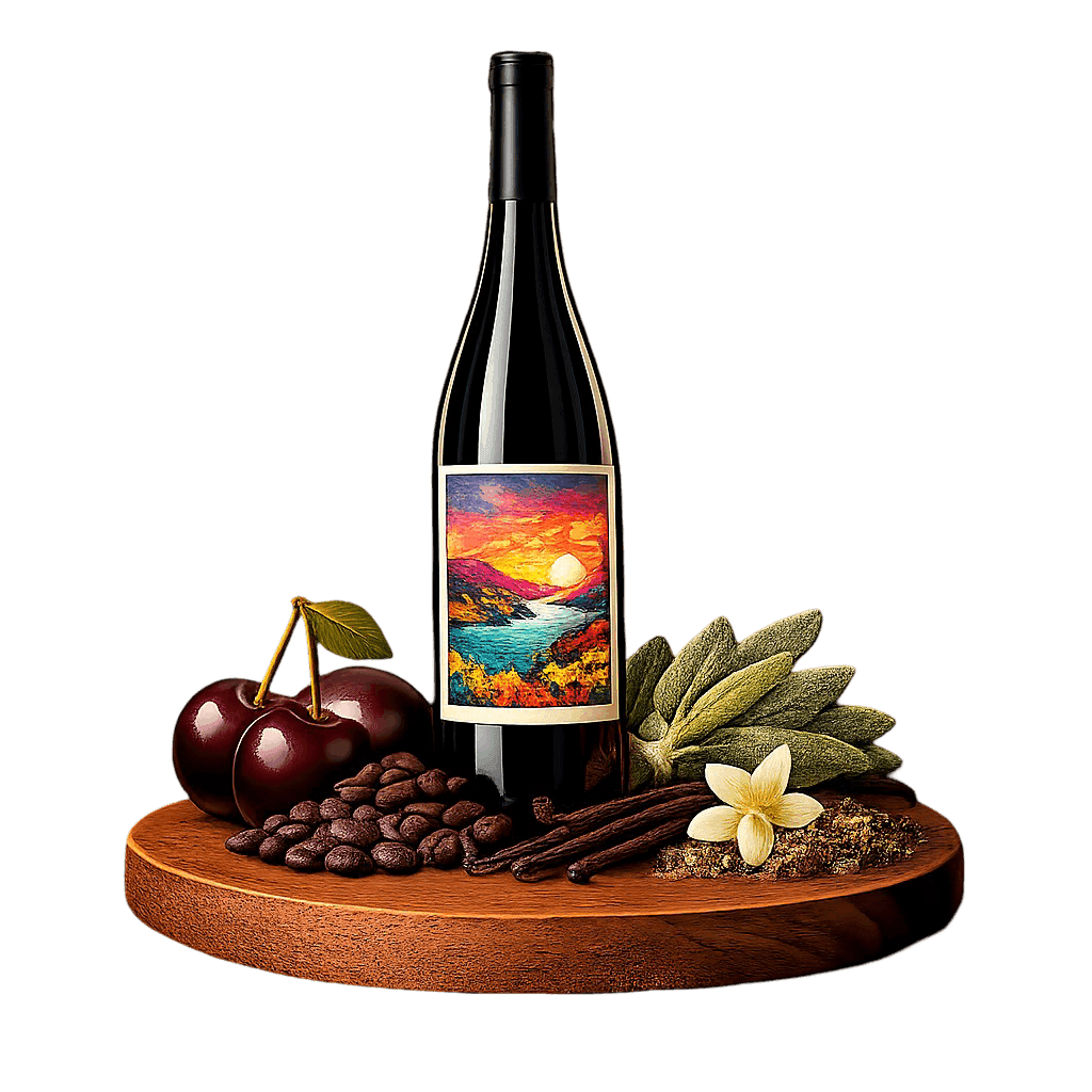 Artistic label and flavor profile for Okanagan Valley Merlot on a rustic wooden table.