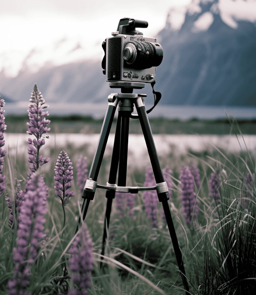 alt="Camera tripod setup outdoors."