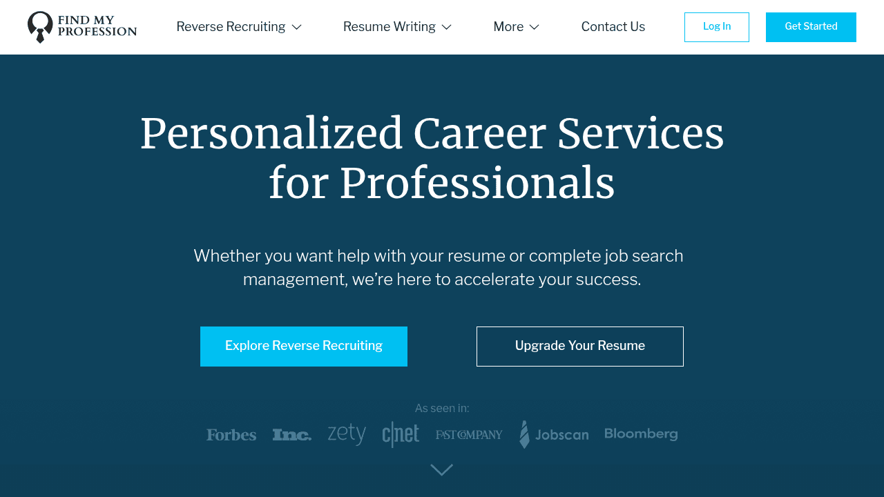 Find My Profession reverse recruiting service homepage displaying certified recruiter services and job search management options