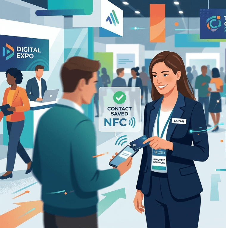 Sales team using NFC business cards and badge scanning for lead capture at a trade show.