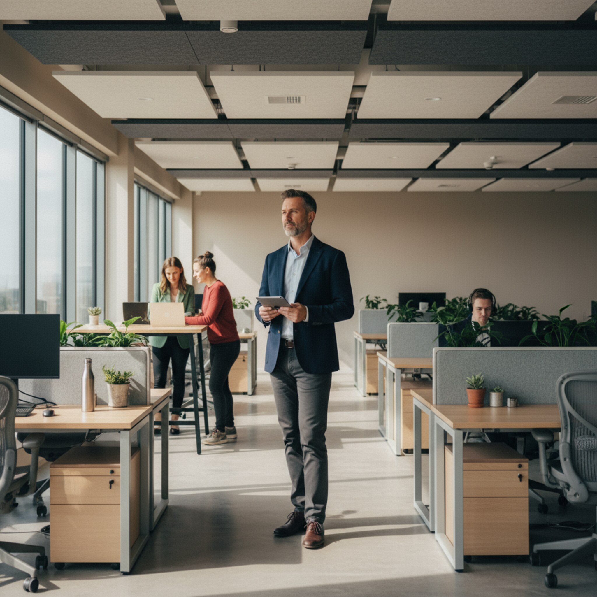 Ein weitläufiges Bürogeschoss mit wechselnden Belegungsgraden: Eine Teamzone arbeitet konzentriert, daneben bleiben einige Schreibtische frei. Helle Lichtflächen fallen auf klare Wege, Akustikpaneele dämpfen den Raum. Eine Führungskraft bleibt kurz stehen, verschafft sich ruhig einen Überblick und plant den nächsten Schritt.