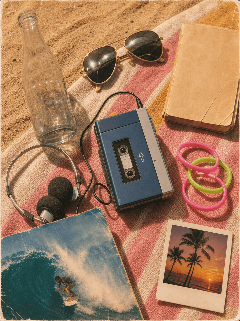 A Polaroid-style card with a retro flatlay of a cassette Walkman, sunglasses, and beach items on a pink towel, captioned "Golden Age Origin — We gave sunscreen a soul. Retro rebels at heart. Made to be worn on repeat. Born to be loved."