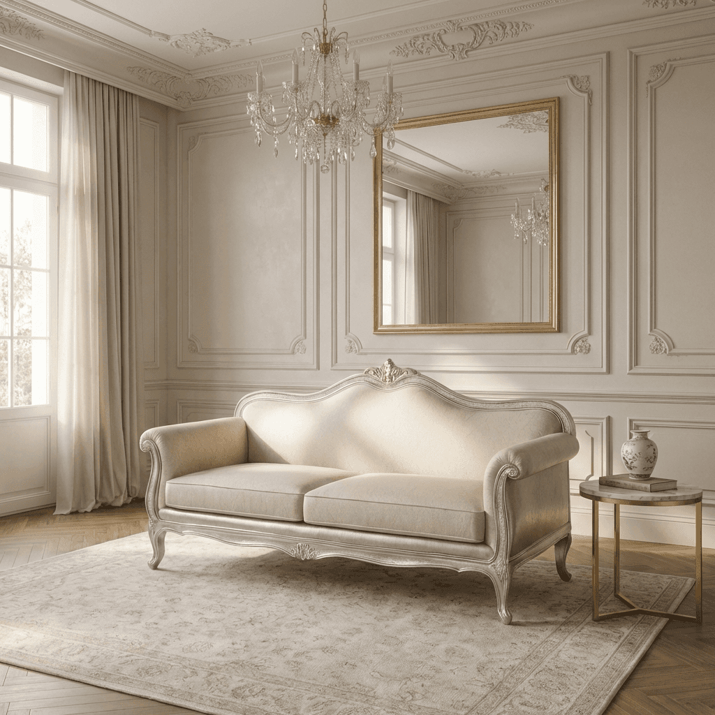 Ornate classic sofa with scrolled silhouette, decorative frame, and formal upholstery