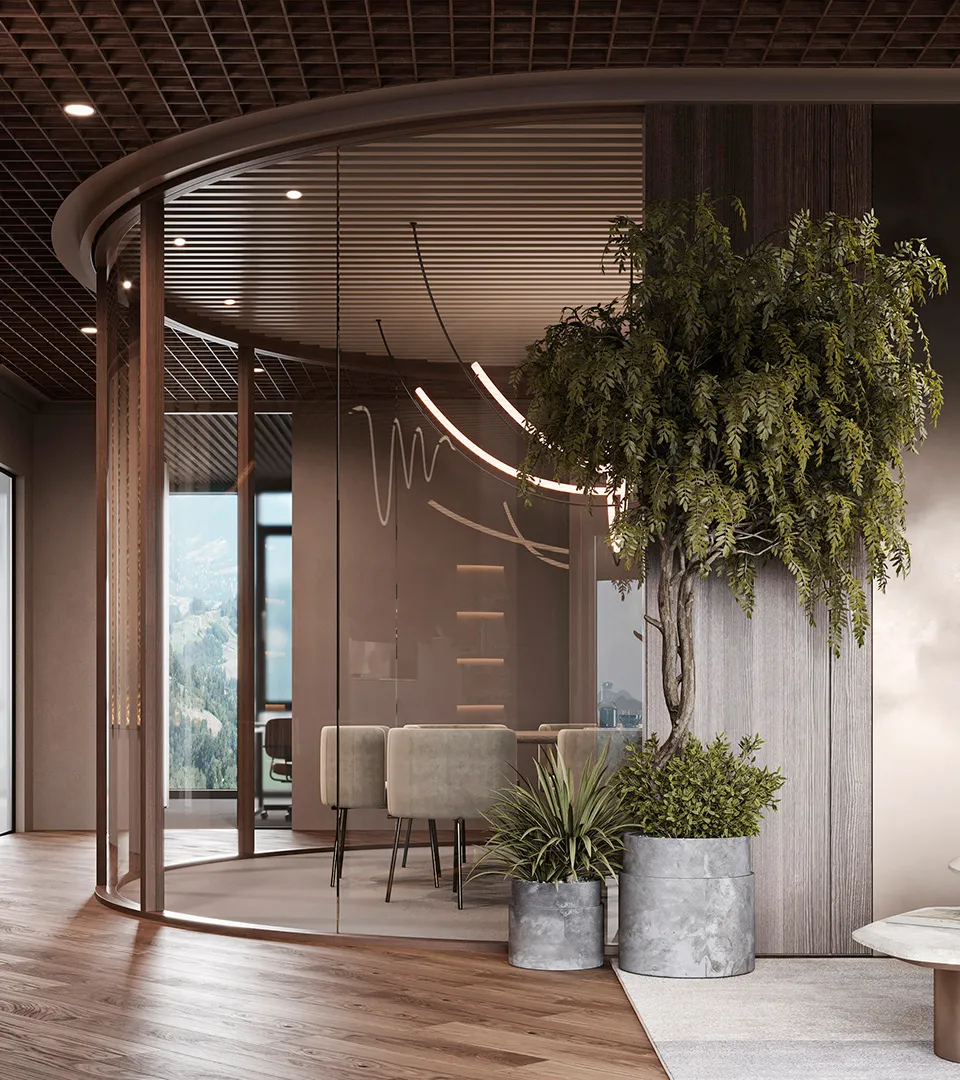 City Studio Zurich office meeting pod with curved glass wall, timber flooring, and indoor greenery