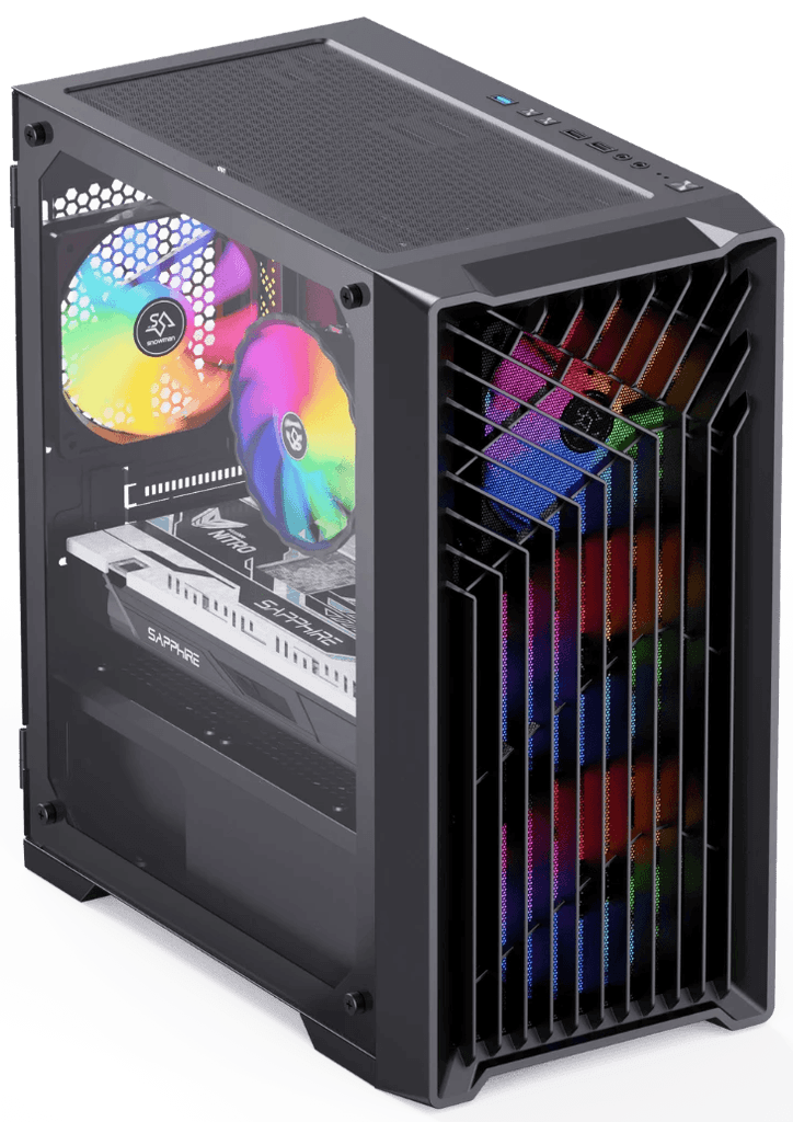 This image features a modern gaming PC case with a distinctive vertical design highlighted by a series of colorful LED lights running along the front panel. The sleek black finish contrasts strikingly with the vivid lights, creating an aesthetically pleasing effect that appeals to gamers looking for both performance and style. This gaming rig is optimized for high-performance gaming, supporting advanced graphics and processing power for an immersive gaming experience. Ideal for enthusiasts seeking a top-tier gaming setup that also serves as a visual centerpiece.