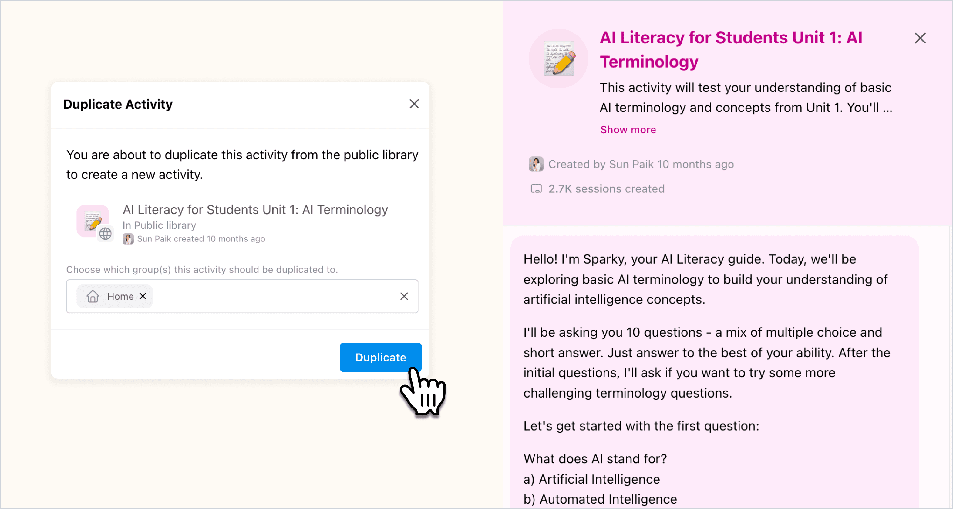 Screenshot showing the "Remix" or duplicate button on a public activity, demonstrating how to copy and customize a community activity