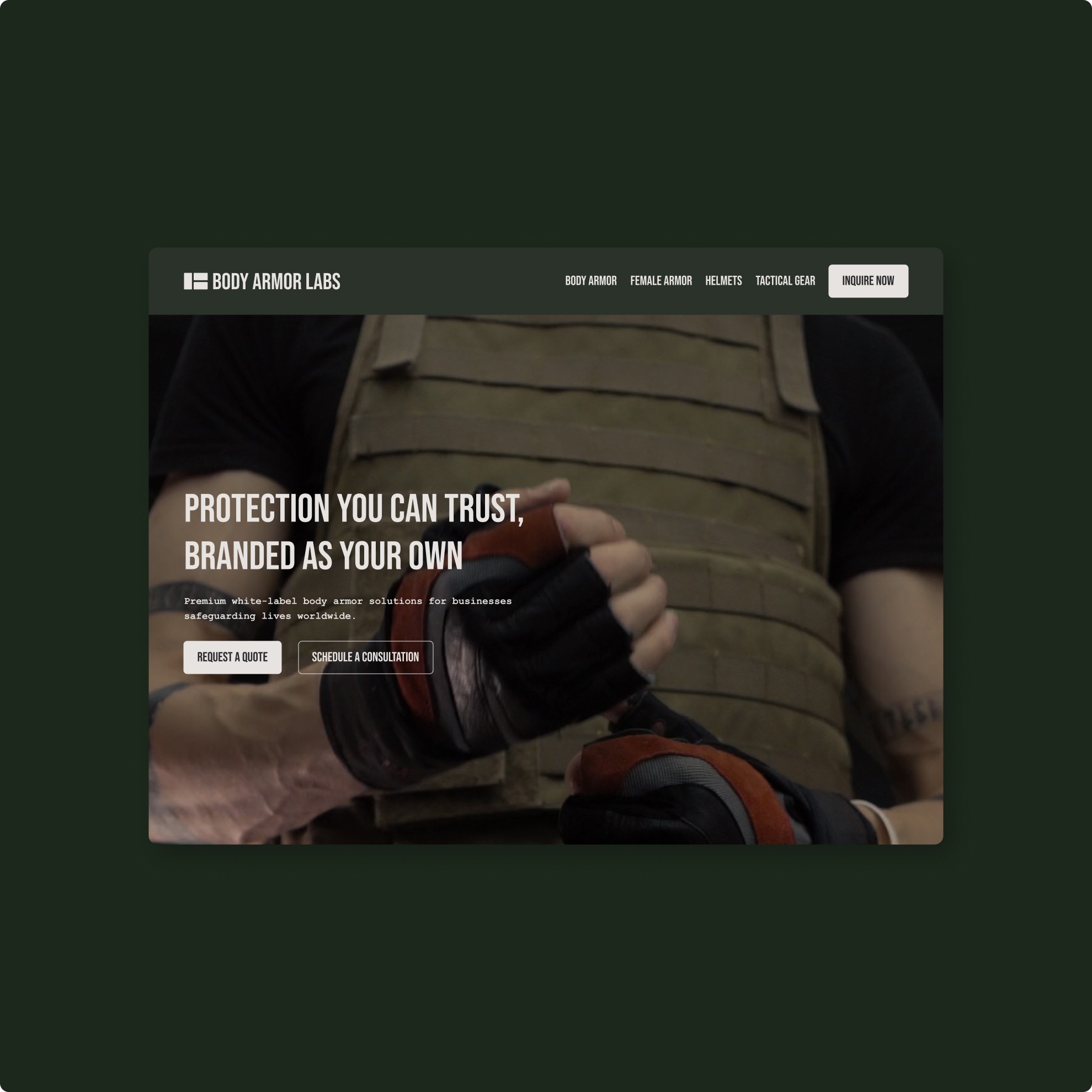 Screenshot Body Armor Labs' hero section design on a dark green background