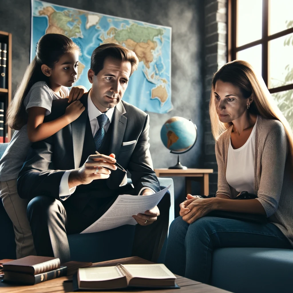 A family consults with an immigration lawyer, who is explaining a document, symbolizing professional guidance and support in navigating the family sponsored visa process.