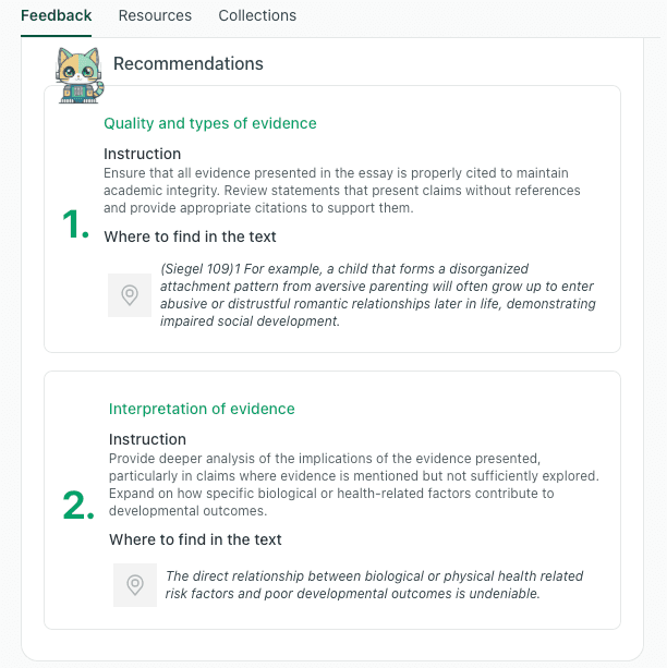 thesify recommendations panel showing interpretation of evidence feedback and where weak analysis appears in an academic draft