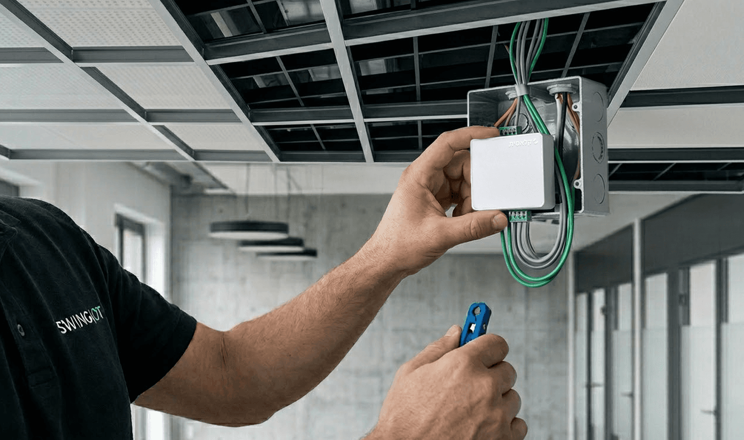 A professional business meeting with a presentation of data charts, featuring three formally dressed individuals in a modern office setting.