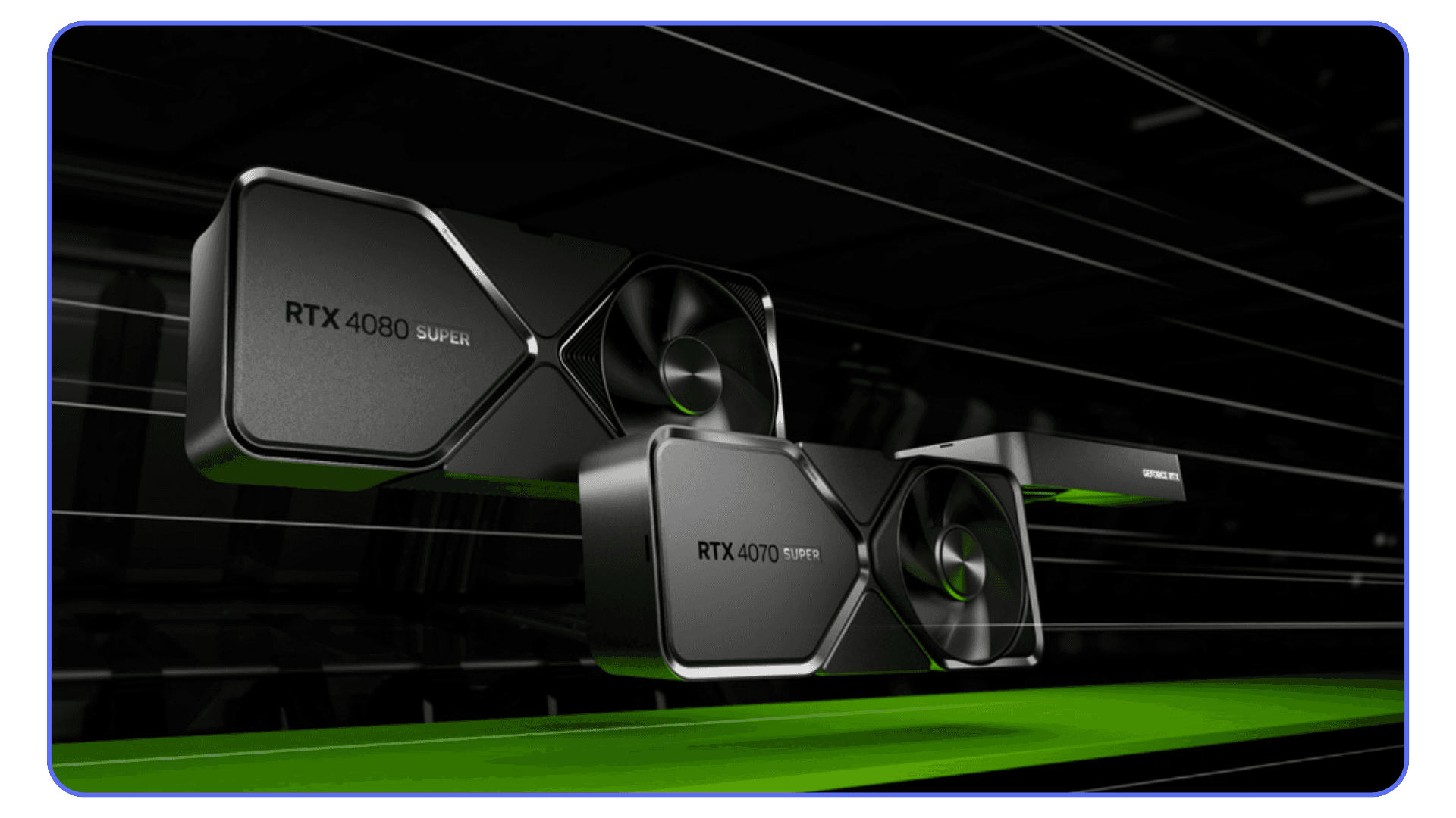NVIDIA RTX 4080 Super and RTX 4070 Super GPUs displayed with sleek black design and glowing green lighting background.