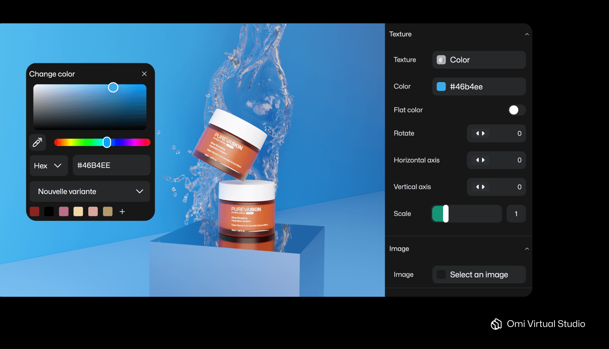 Virtual Studio interface: blue color chosen for background for scene with skin cream tubes and water splashes