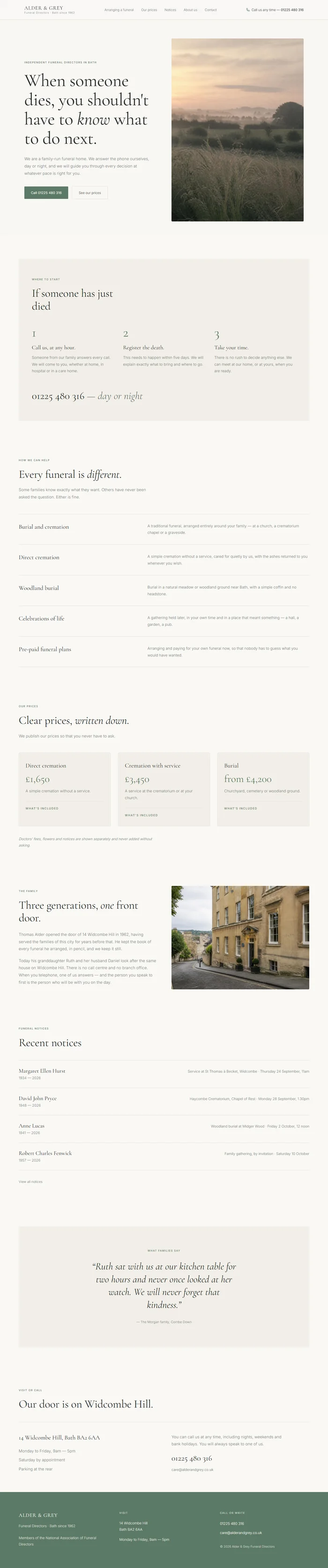 Full page of an AI-generated funeral home website with landscape hero, first steps, services, published prices, notices and contact
