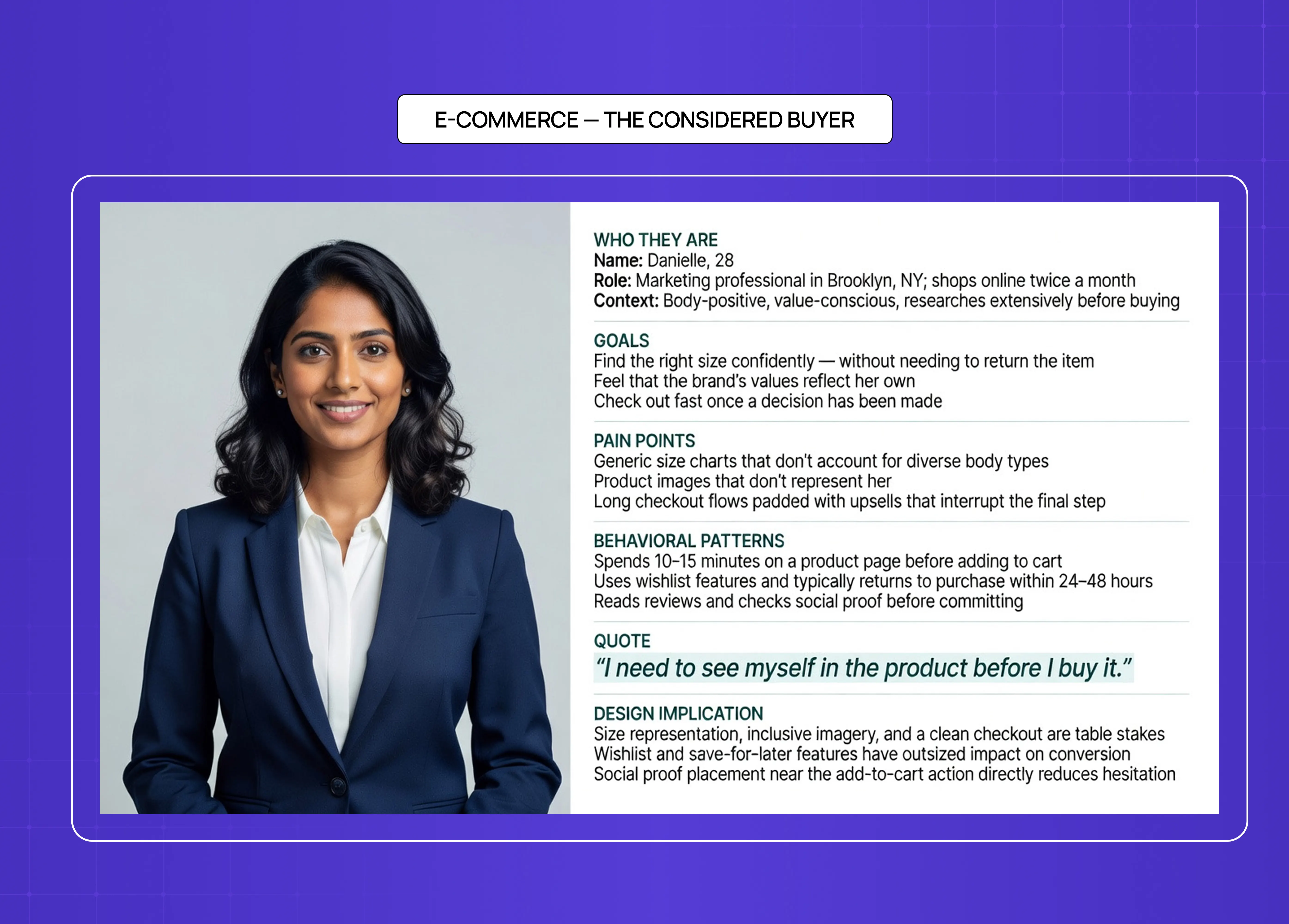 E-commerce UX persona example featuring “Danielle, 28,” a considered online buyer, showing shopping behaviors, frustrations, goals, and design recommendations for online retail experiences.