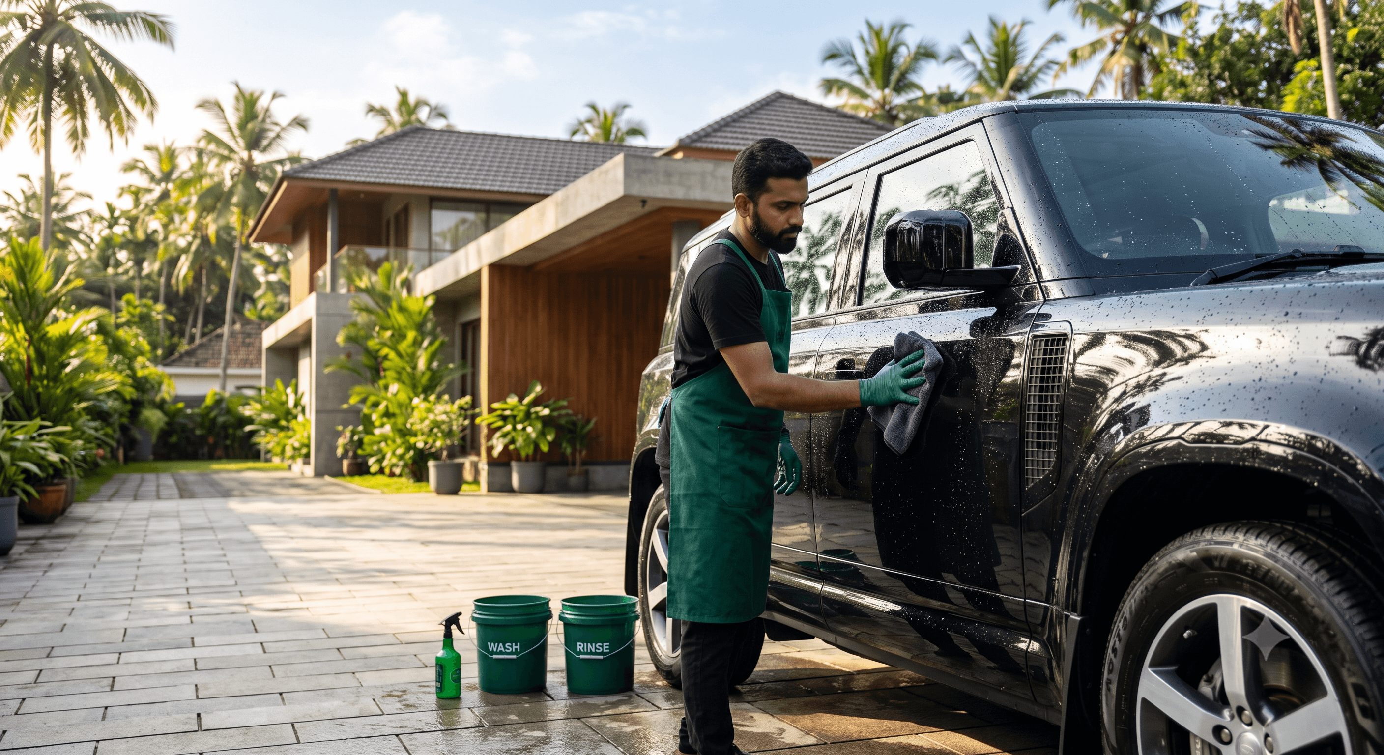 Detailer cleaning the alloy wheel of a black SUV at a doorstep car wash in Kochi