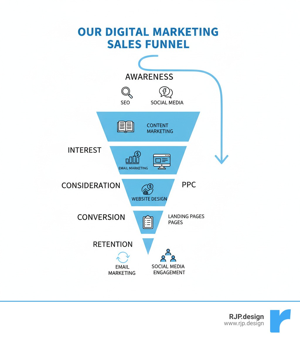 Infographic showing the sales funnel: Awareness (SEO, Social Media), Interest (Content Marketing, Email Marketing), Consideration (PPC, Website Design), Conversion (CRO, Landing Pages), Retention (Email Marketing, Social Media Engagement) - our digital marketing services infographic 