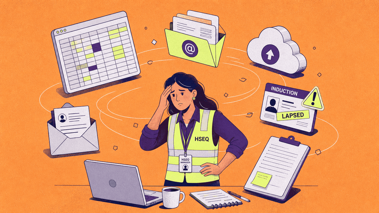 HSEQ manager illustration. Icons representing tasks around.