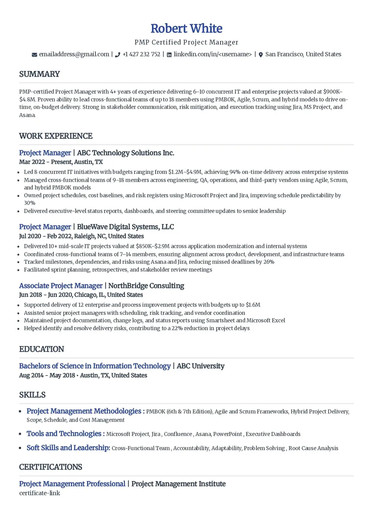 PMP Project Manager Resume Template