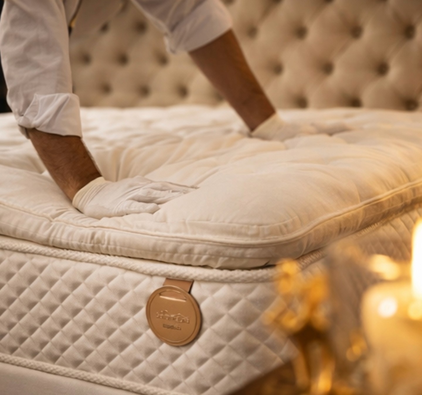 Beige stone interior with a sweeping curved staircase, tall arched windows, and minimalist decor.