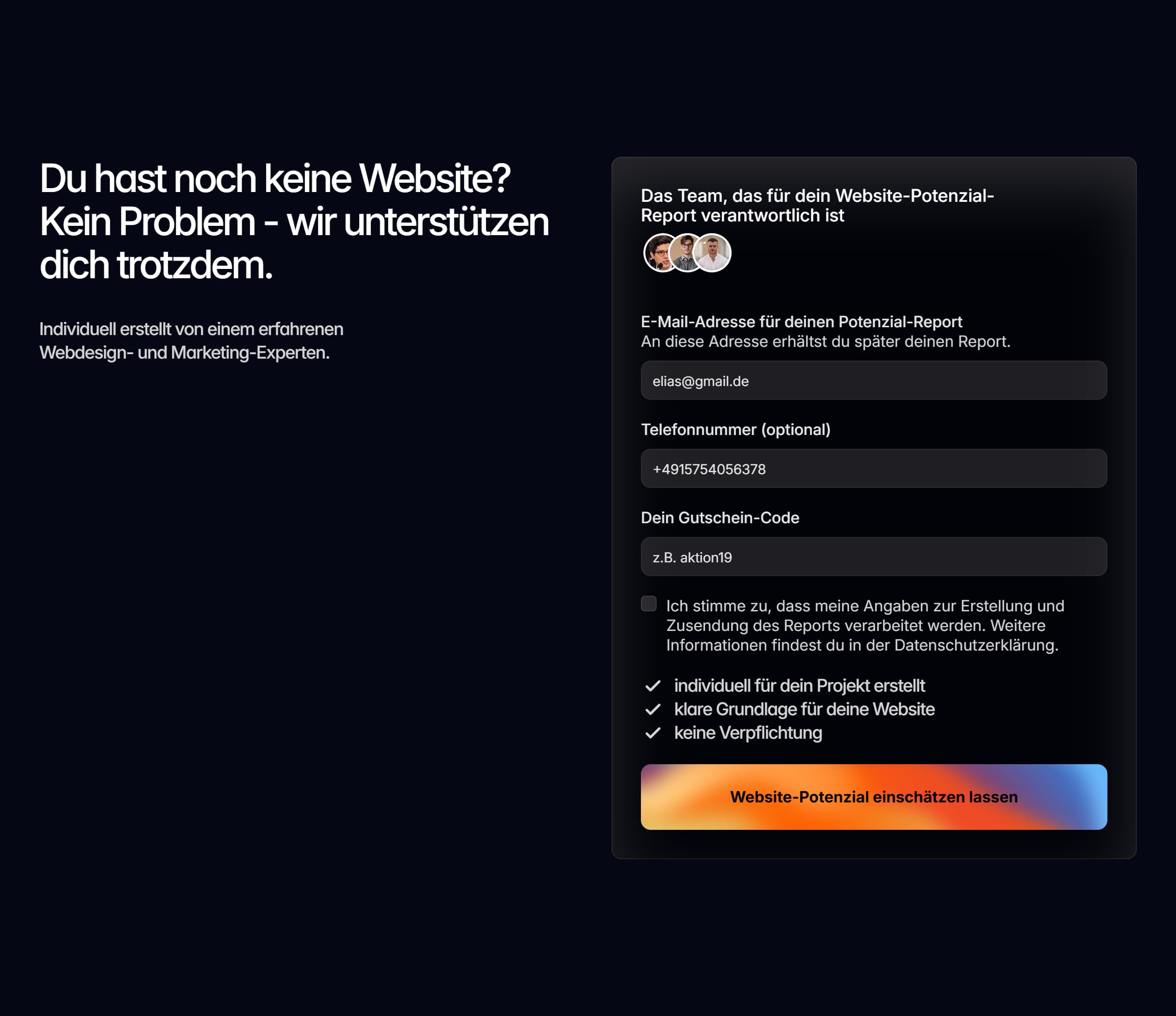 Eine Website-Sektion, auf der ein Kontaktformular zu sehen ist