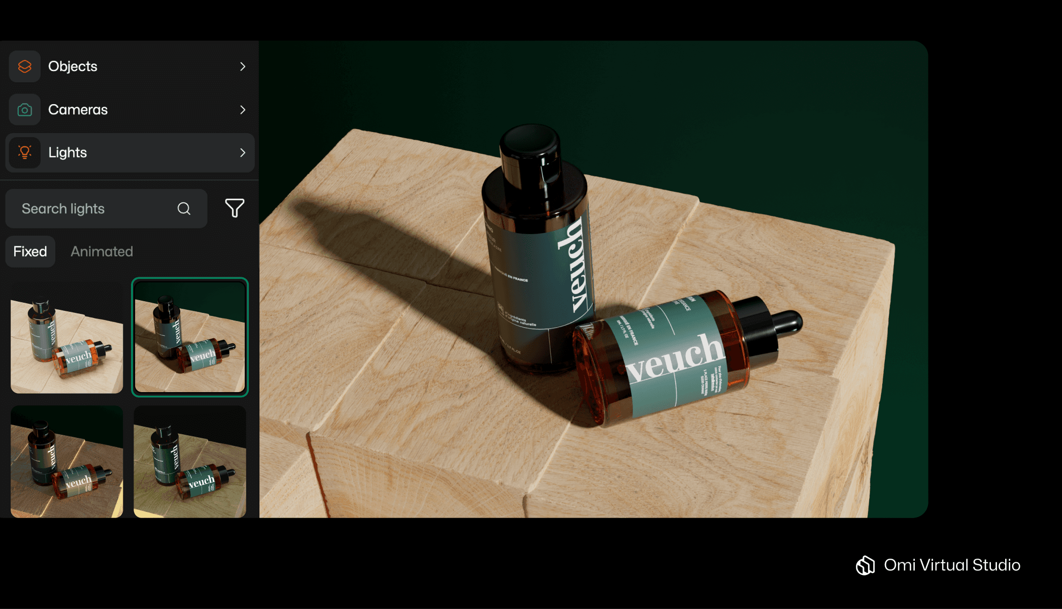 Virtual Studio interface, picking dark filtered light. Cosmetics bottle on wood blocks.