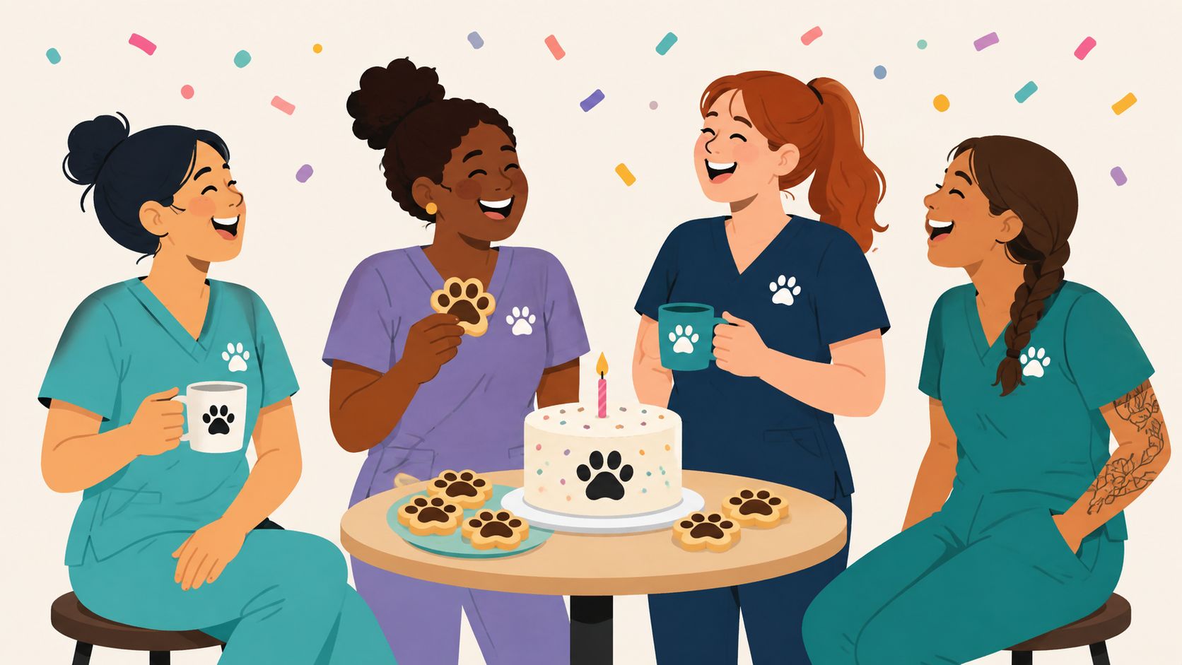 Four diverse veterinary technicians in scrubs celebrate together with a cake and paw-shaped cookies at work.