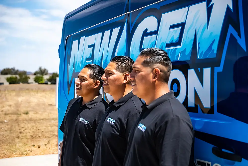 NewGen Restoration owners Hilario Ramirez Tomas and Sergio Tomas standing in front of a branded service van in San Diego, California.