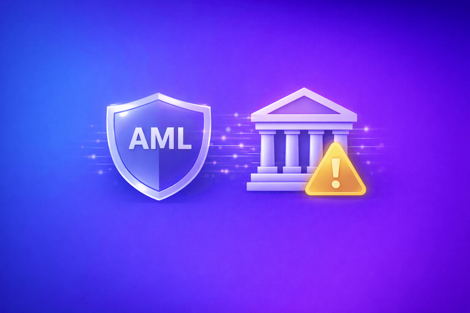 Customer screening fintech illustration with magnifying glass icon on blue to purple gradient background, representing AML compliance, real-time risk assessment, and identity verification for financial institutions.